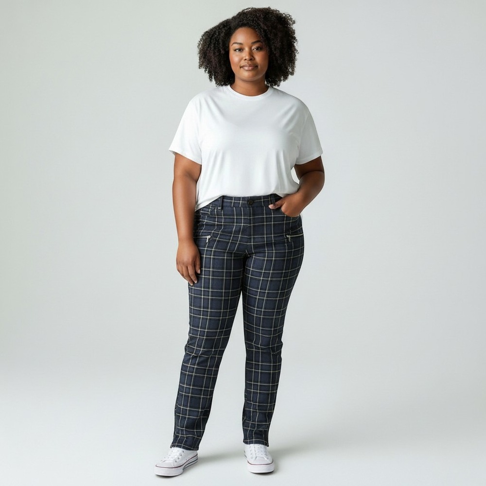 Torrid Size 20 Navy Windowpane Plaid Tapered Pants Stretch Zip Detail